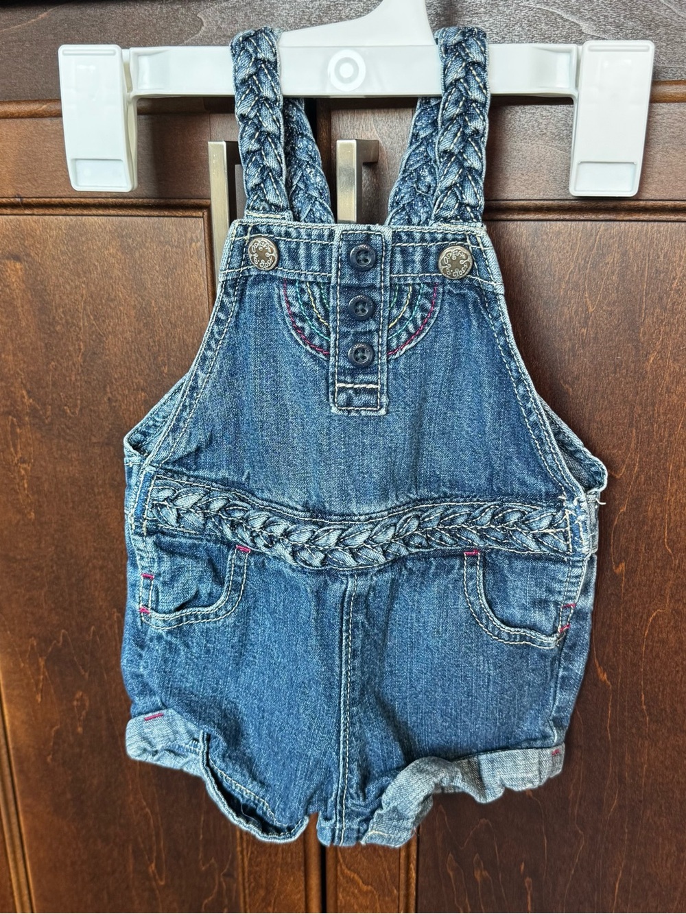 OshKosh B'gosh Vintage Baby Girls Denim Shortalls 9 Months Braided Straps